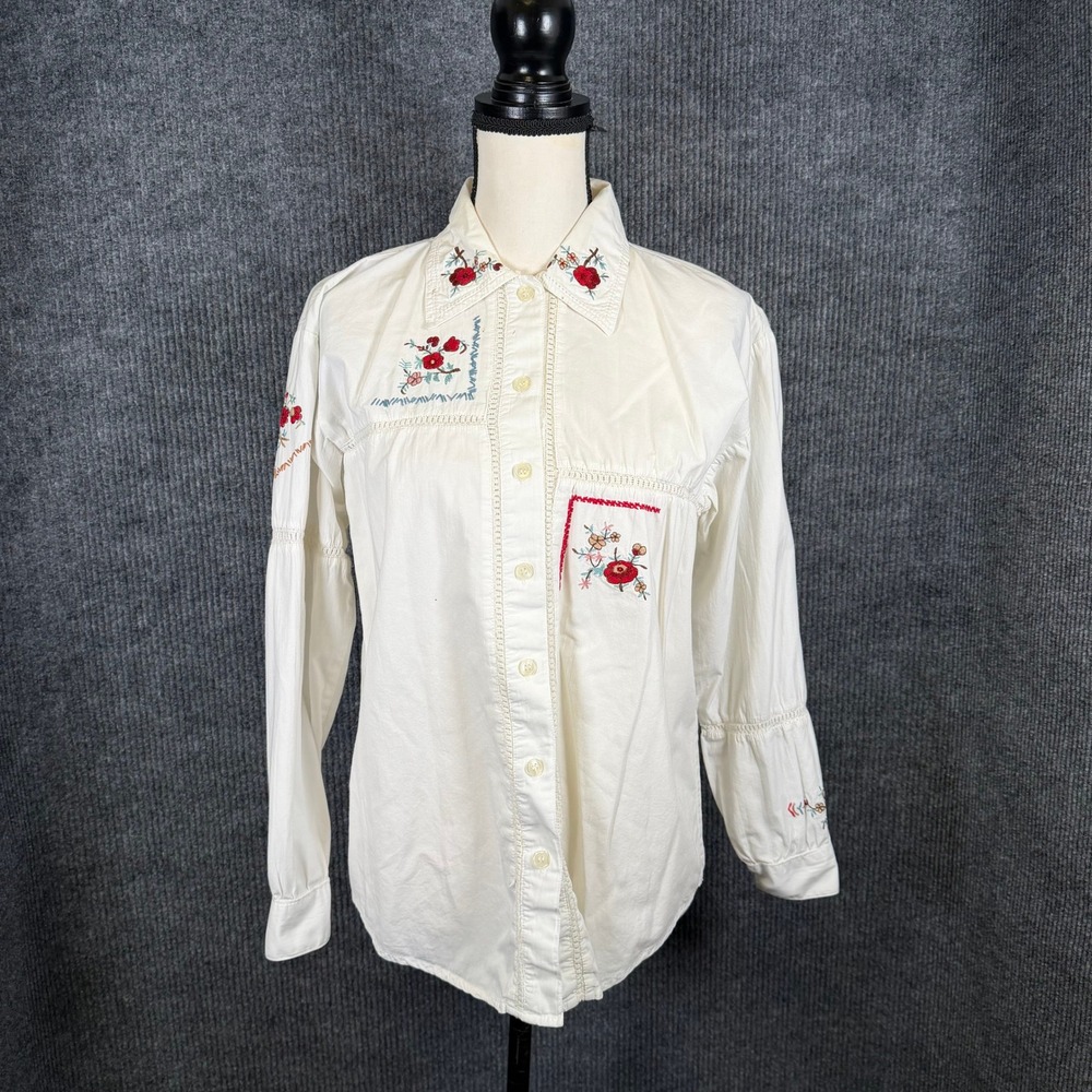 Vintage 70s 80s Embroidered Prairie Blouse Sz S Floral Lace Pintuck Cottagecore
